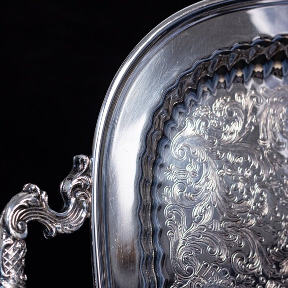 Silver Plated Serving Tray With Intricate Engraving & Handles | Leonard Silver - Picture 7 of 11